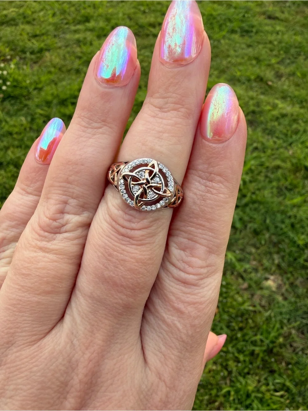 Celtic Knot Rose Gold and Silver Ring with Pavé Accents - Picture 1 of 5